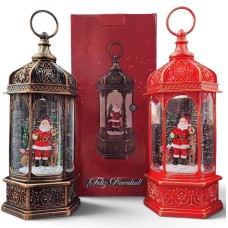 Farol navideño vintage con nieve luz LED y sonido Papa Noel 2 colores 12,7x12,7x29cm (luz calida, a pila, USB)